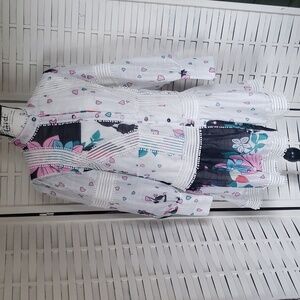 Beulah Style button down monk neck long cuff sleeves white floral dress size M